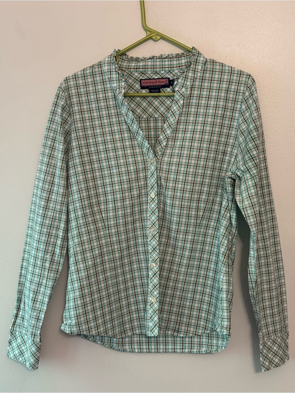 Vineyard Vines Mint Plaid Ruffle-Collar Button Down Shirt